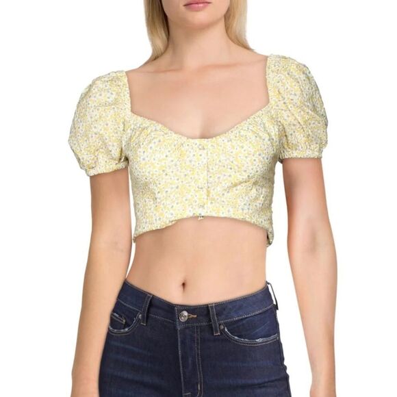🌻BARDOT Yellow Floral Puff Sleeve Crop Top - Picture 1 of 6